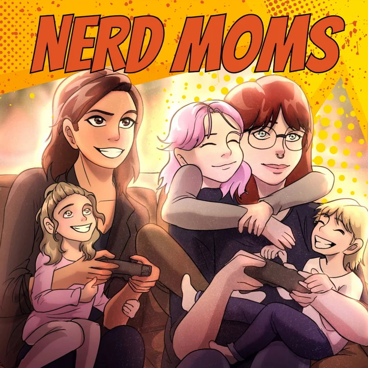 Nerd Moms Cover: zwei Mütter zocken mit ihren Kindern auf dem Sofa